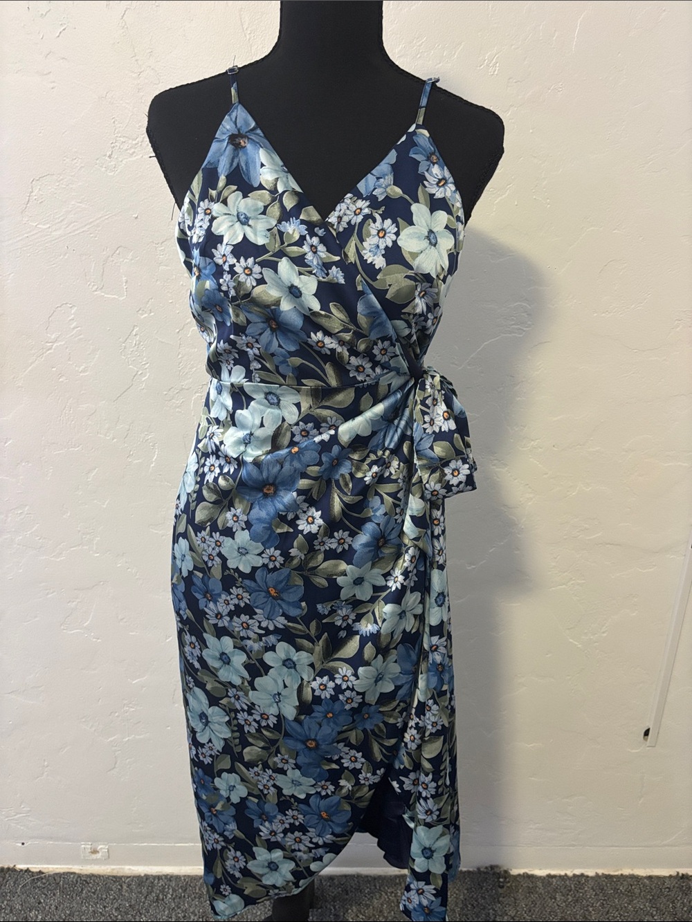 Lulu's Navy & Light Blue Floral Spaghetti Strap Midi Dress